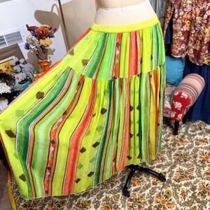 Vintage 90s Sarah Arizona Boho Tiered Maxi Skirt Lime Green Pink Orange Striped